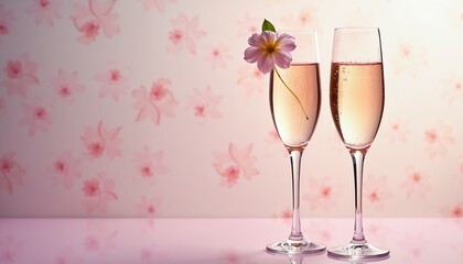 Champagne glasses with pink flower decoration on pink floral background for wedding celebration