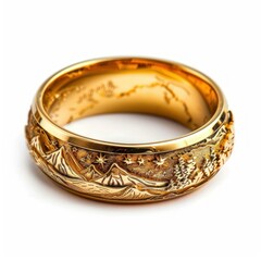 Poster - Golden ring depicting mountains, trees and starry sky, isolated on white background