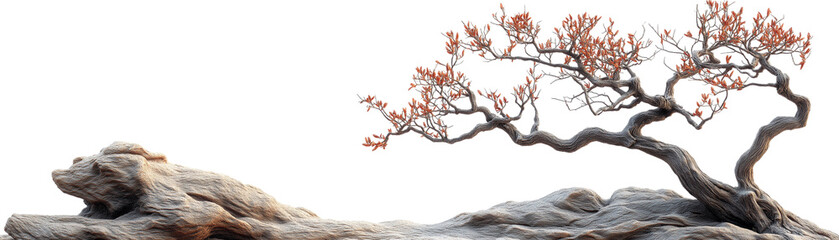 Tranquil Bonsai: A delicate bonsai tree with pink blossoms, gracefully perched on a weathered rock, evokes a sense of serenity and peace, symbolizing resilience and growth in a minimalist.