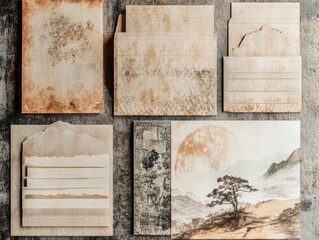 Wall Mural - Retro-inspired stationery with print errors, paint smudges, engraved details, warm nostalgic tones
