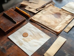 Wall Mural - Retro-inspired stationery with print errors, paint smudges, engraved details, warm nostalgic tones