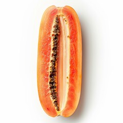 Poster - Ripe papaya cut lengthwise revealing its vibrant orange pulp and numerous black seeds, isolated on a white background