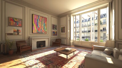 Poster - Sunlit Parisian Apartment Living Room with Modern Art