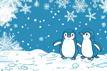 Poster - Charming penguins enjoying a snowy winter wonderland with falling snowflakes surrounding them. Generative AI
