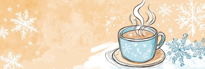 Poster - Winter themed doodle featuring a steaming mug of hot chocolate surrounded by whimsical snowflakes. Generative AI