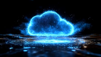 Poster - A glowing blue cloud symbol against a dark background, symbolizing cloud computing and digital storage, with streams of binary code and tech patterns