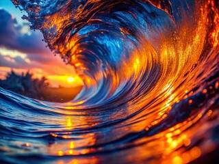 Poster - Abstract Digital Wave: Glowing Orange & Blue Macro Photography