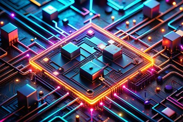 Poster - Abstract Futuristic Circuit Board: Glowing Nodes & Wires, Rule of Thirds Composition