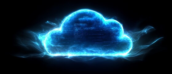 Poster - Glowing blue digital cloud symbol against a dark background, representing cloud technology, storage, and computing, with flowing binary code and tech elements