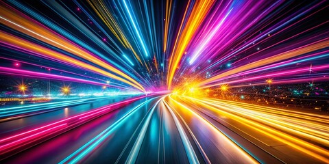 Poster - Abstract Glowing Streaks: Pink, Yellow, Blue Neon Light Trails on Black Background