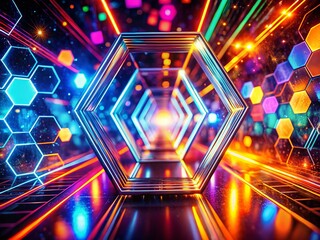 Poster - Abstract Neon Hexagon Background: Long Exposure Light Painting Photography