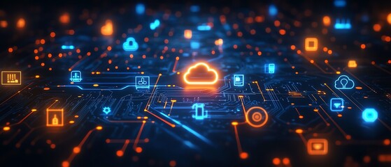 Poster - A glowing circuit board with cloud computing icons, symbolizing the future of digital storage, data processing, and technological innovation
