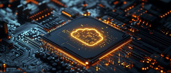 Poster - A glowing circuit board with cloud computing icons, symbolizing the future of digital storage, data processing, and technological innovation