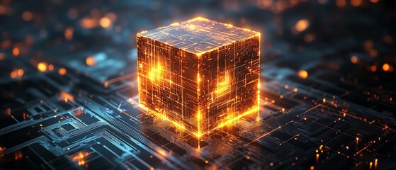 Poster - A glowing cube on a digital circuit board, symbolizing AI, technology, and data processing, with vibrant neon accents and intricate digital elements