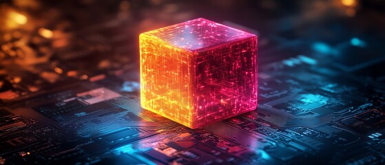Poster - A glowing cube on a digital circuit board, symbolizing AI, technology, and data processing, with vibrant neon accents and intricate digital elements