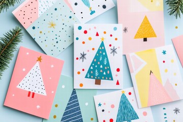 Aufkleber - Colorful Christmas cards spread across a light blue background with festive designs featuring trees and decorations. Generative AI