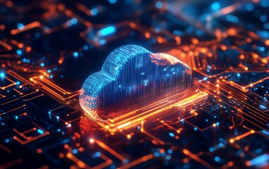 Poster - Circuit board with glowing light effects, symbolizing cloud computing and digital storage, with interconnected data paths and futuristic technology