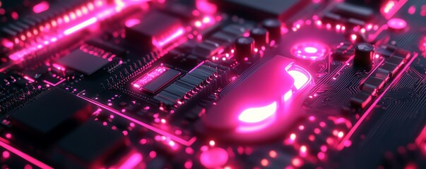 Poster - Circuit board with glowing light and cloud computing concept, representing digital technology, data storage, and futuristic innovation
