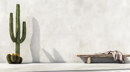 Poster - Minimalist desert scene with cactus, bench, and blank wall.