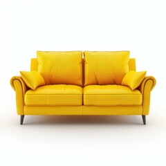 Poster - Yellow sofa with pillows isolated on white background representing comfort, style and modern interior design