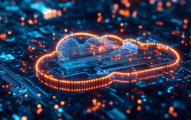 Poster - Futuristic circuit board with glowing light elements, representing cloud computing, data flow, and technological advancement in a digital environment