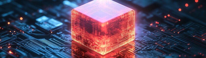 Poster - Futuristic glowing cube on a digital circuit board, representing AI, technology, and data processing, with neon light effects and hightech digital patterns