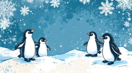 Poster - Winter themed doodle featuring playful penguins on a snowy landscape surrounded by snowflakes. Generative AI