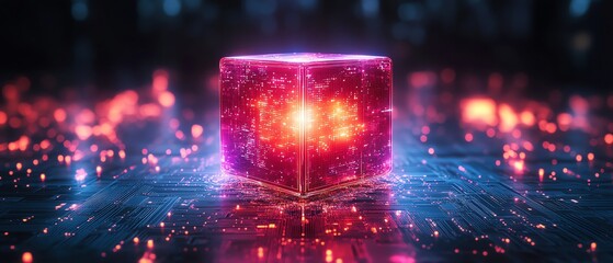 Poster - Futuristic glowing cube on a digital circuit board, representing AI, technology, and data processing, with neon light effects and hightech digital patterns
