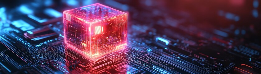 Poster - Futuristic glowing cube on a digital circuit board, representing AI, technology, and data processing, with neon light effects and hightech digital patterns