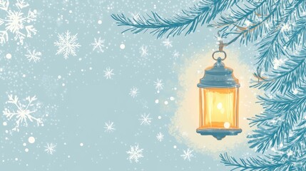 Poster - Glowing street lantern illuminating a snowy winter landscape with delicate snowflakes in the background. Generative AI