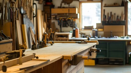 Poster - A spacious woodworking bench in a garage, Saws, hammers