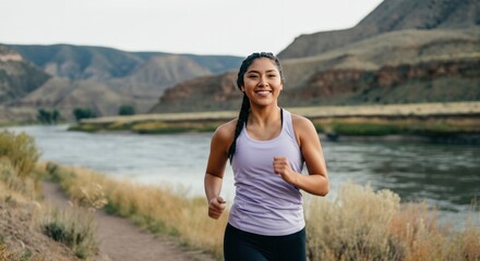 Asian young adult female running by mountain river in scenic nature setting