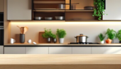 Wall Mural - Empty light wooden kitchen counter top with blurred modern kitchen background