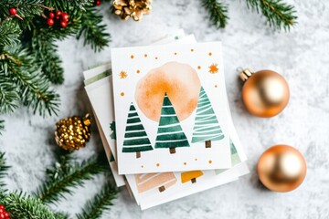 Aufkleber - Beautifully designed Christmas cards featuring trees and ornaments arranged with festive decorations on a table. Generative AI