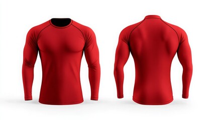 Wall Mural - blank red long sleeve rash guard mockup front, side and back view.	
