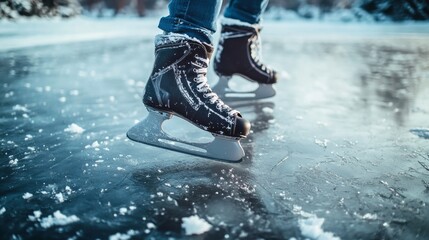 Aufkleber - A spirited ice skating session on a frozen pond, Skates and winter attire neatly set up, Winter sports style
