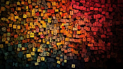 Aufkleber - Abstract art featuring a cascade of colorful letters creating a dynamic textured background.