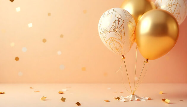 Happy New Year 2025,  Realistic gold and white balloons on a light background,  Banner template for 2025 header websites, 2025 celebration template created with generative ai