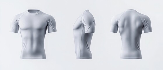 blank grey short sleeve rash guard mockup front, side and back view.	
