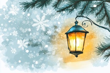 Aufkleber - Glowing street lantern hanging on a snowy winter evening under pine branches. Generative AI