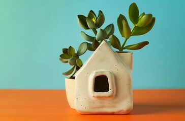 A cute house made of ceramic with a green plant on the roof, on an orange table and a blue background