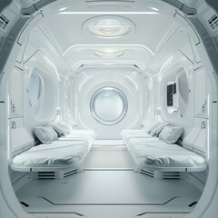 Poster - White clean interior of futuristic spaceship passenger cabin showing two beds and porthole with empty space background