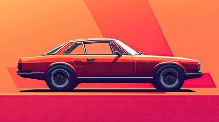 Poster - Side profile of a classic red coupe against a vibrant orange and red geometric background.