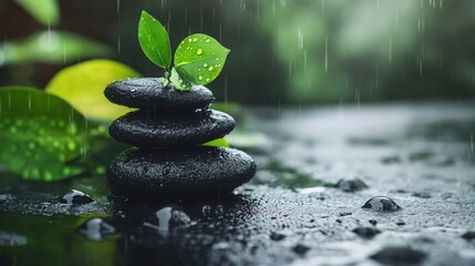 Wall Mural - A small green leaf is on top of three black rocks