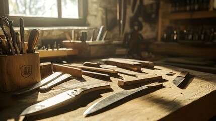 Poster - A sunlit workshop with a setup for creating custom knives, featuring various blades, handles