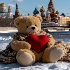 Teddy bear holding red heart in front of saint basil's cathedral in moscow during winter