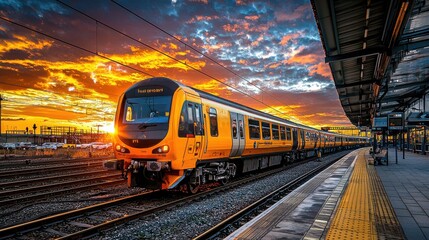 Fototapete - Train departing evening station urban transport scene landscape photography captured at sunset scenic view train journey concept