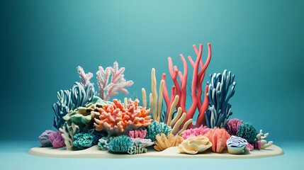 Wall Mural - Underwater scene with coral reef, flat design, side view, aquatic theme, 3d render, triadic color scheme. Seafloor. Illustration