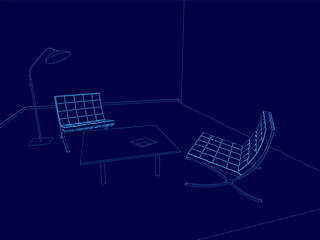 Poster - Room with a table and two chairs. The chairs are blue and the table is white. The room has a modern and minimalist design, with the blue chairs and white table creating a clean and simple look