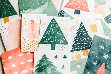 Aufkleber - Beautiful collection of handmade Christmas cards featuring festive tree designs and vibrant colors for holiday greetings. Generative AI